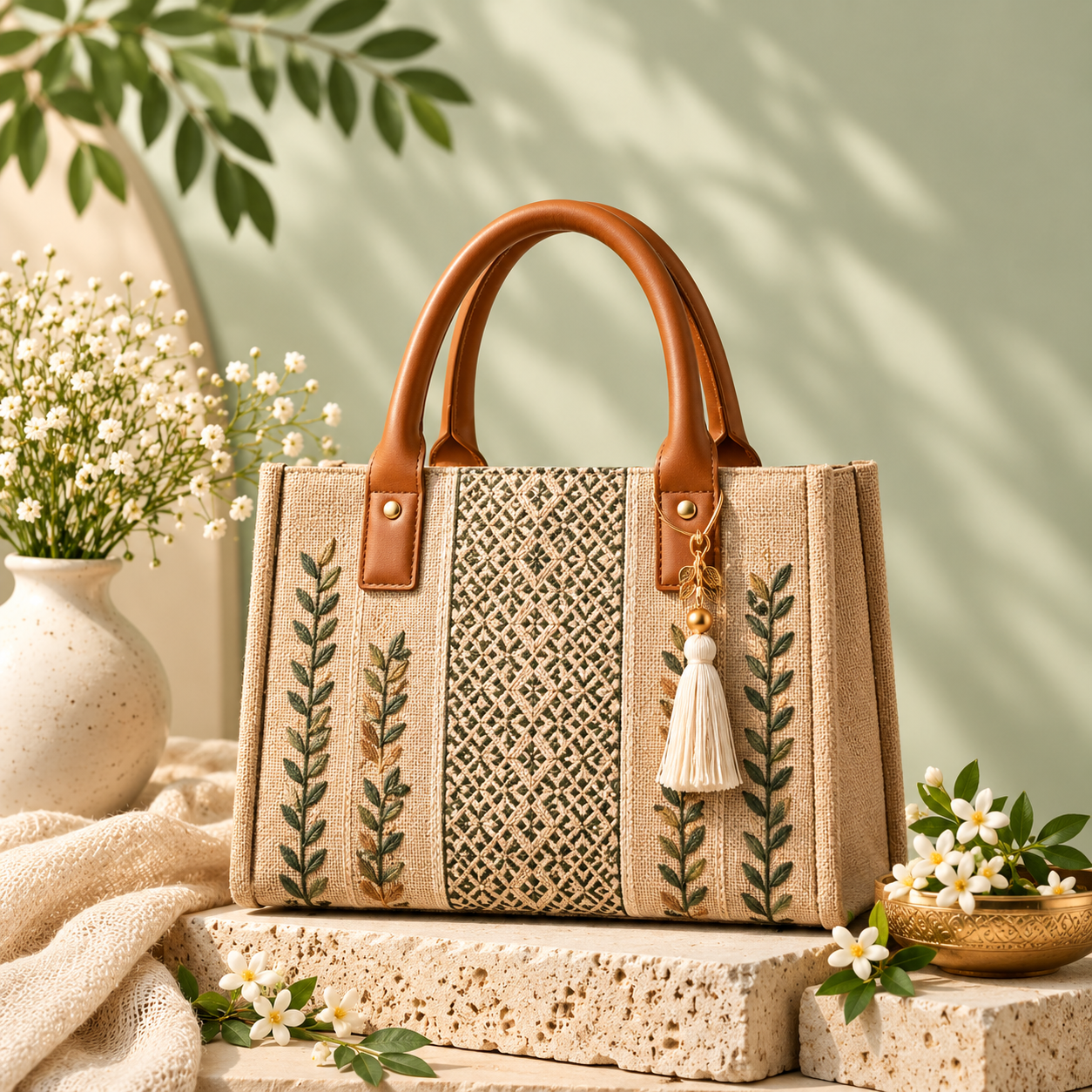 embroidered jute tote