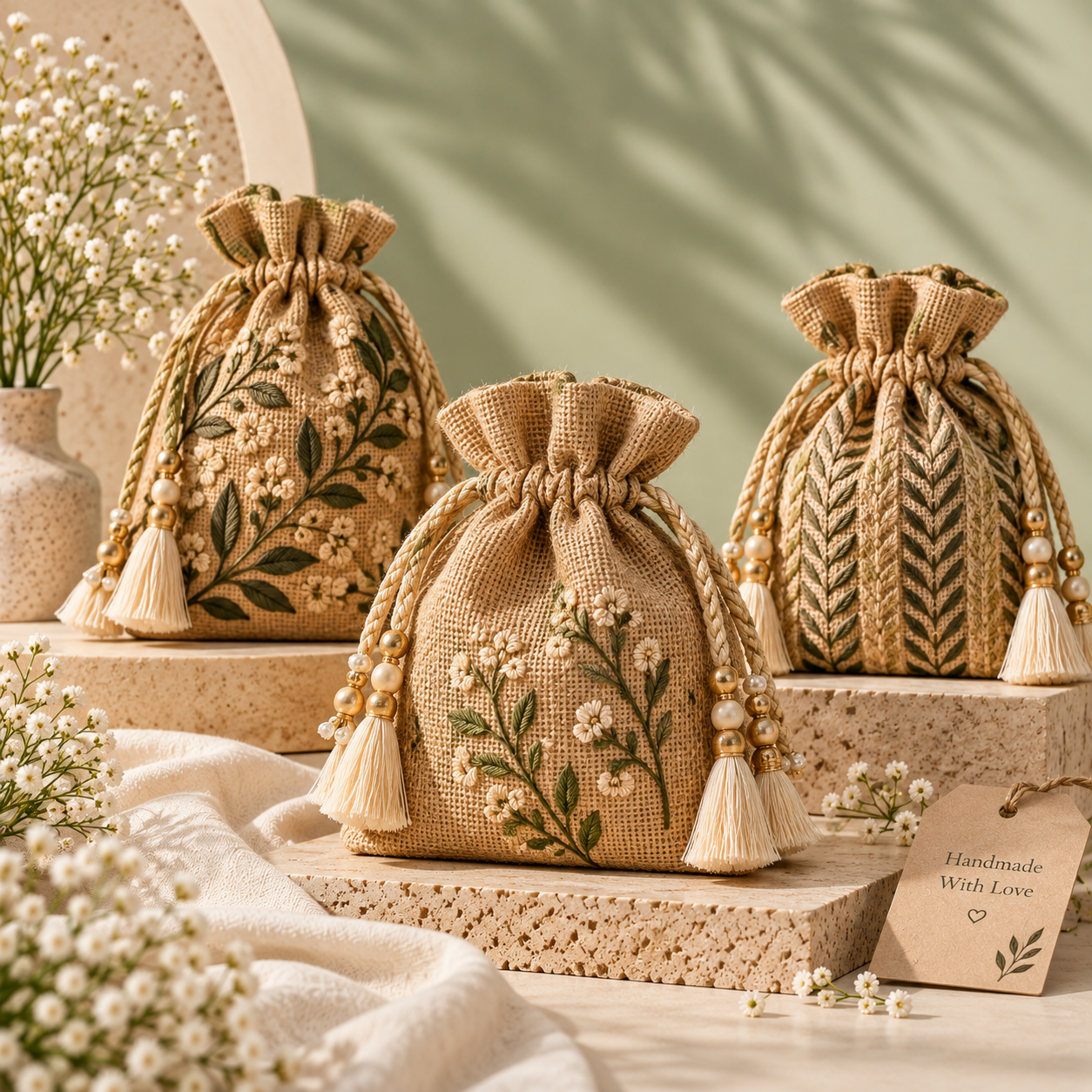 Jute Leaf Embroidered Potli Bags