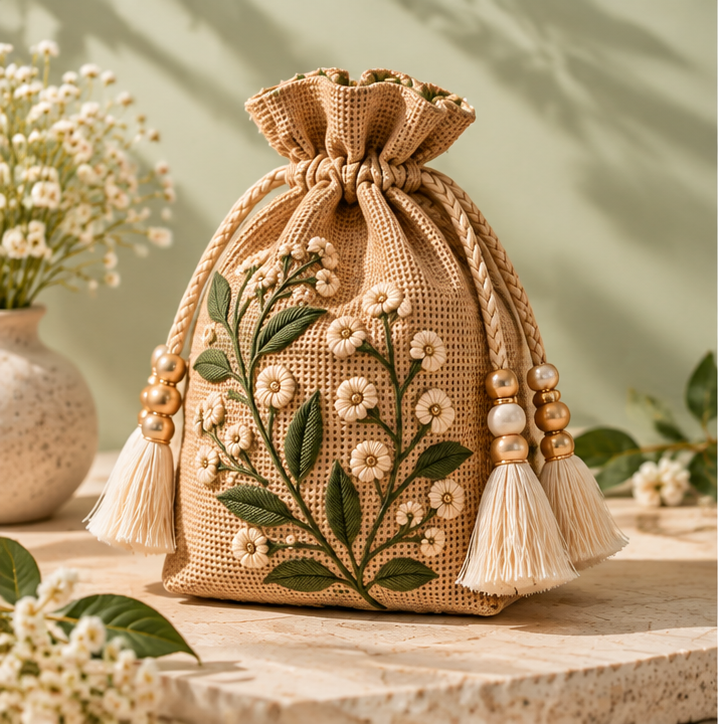 Jute Leaf Embroidered Potli Bags - Image 4